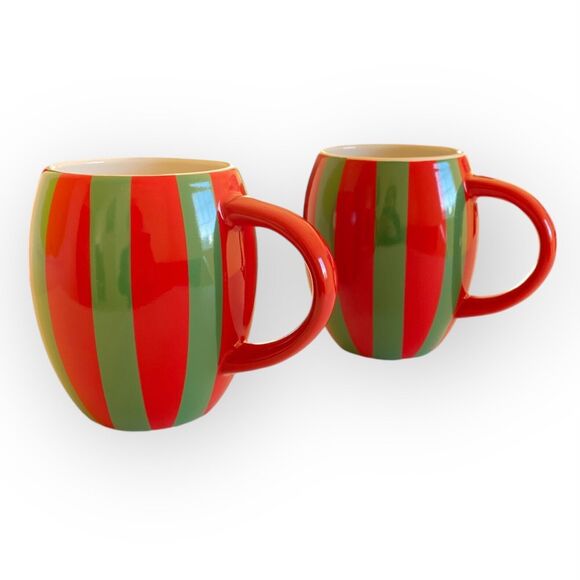 CHRISTMAS MUGS Red Green Striped Holiday Ceramic Coffee Mugs Set of 2 Cups NEW - Picture 6 of 6